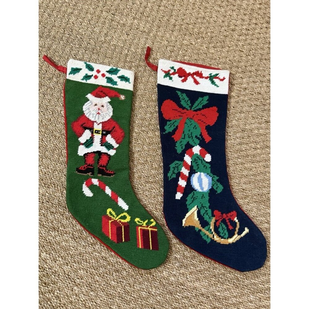Vintage Needlepoint Christmas Stocking Lot Of 2 Santa Claus Red Velvet Back 19”‎